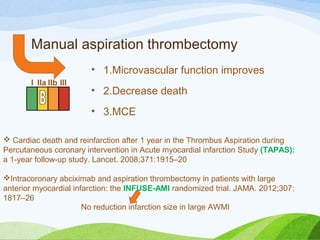 Manual aspiration thrombectomy
• 1.Microvascular function improves
• 2.Decrease death
• 3.MCE
I IIa IIb III
 Cardiac death and reinfarction after 1 year in the Thrombus Aspiration during
Percutaneous coronary intervention in Acute myocardial infarction Study (TAPAS):
a 1-year follow-up study. Lancet. 2008;371:1915–20
Intracoronary abciximab and aspiration thrombectomy in patients with large
anterior myocardial infarction: the INFUSE-AMI randomized trial. JAMA. 2012;307:
1817–26
No reduction infarction size in large AWMI
 