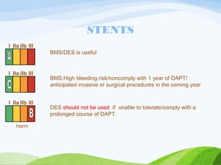 STENTS
BMS/DES is useful
I IIa IIb III
BMS:High bleeding risk/noncomply with 1 year of DAPT/
anticipated invasive or surgical procedures in the coming year
I IIa IIb III
DES should not be used if unable to tolerate/comply with a
prolonged course of DAPT.
I IIa IIb III
Harm
 
