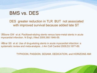 BMS vs. DES
DES greater reduction in TLR BUT not associated
with improved survival because added late ST
Stone GW et al. Paclitaxel-eluting stents versus bare-metal stents in acute
myocardial infarction. N Engl J Med 2009;360:1946-59.
Brar SS et al. Use of drug-eluting stents in acute myocardial infarction: a
systematic review and meta-analysis. J Am Coll Cardiol 2009;53:1677-89.
TYPHOON, PASSION, SESAMI, DEDICATION, and HORIZONS AMI
 