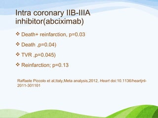 Intra coronary IIB-IIIA
inhibitor(abciximab)
 Death+ reinfarction, p=0.03
 Death ,p=0.04)
 TVR ,p=0.045)
 Reinfarction; p=0.13
Raffaele Piccolo et al,Italy,Meta analysis,2012, Heart doi:10.1136/heartjnl-
2011-301101
 