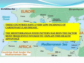 MEDITERRANEAN DIET
 Its major characteristics are:
    a high consumption of non-refined
     grains, legumes, nuts, fru...