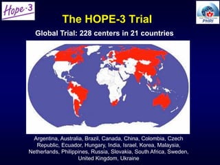 The HOPE-3 Trial
Argentina, Australia, Brazil, Canada, China, Colombia, Czech
Republic, Ecuador, Hungary, India, Israel, Korea, Malaysia,
Netherlands, Philippines, Russia, Slovakia, South Africa, Sweden,
United Kingdom, Ukraine
Global Trial: 228 centers in 21 countries
 
