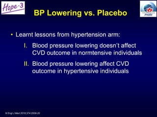 BP Lowering vs. Placebo
N Engl J Med 2016;374:2009-20
• Learnt lessons from hypertension arm:
I. Blood pressure lowering doesn’t affect
CVD outcome in normtensive individuals
II. Blood pressure lowering affect CVD
outcome in hypertensive individuals
 