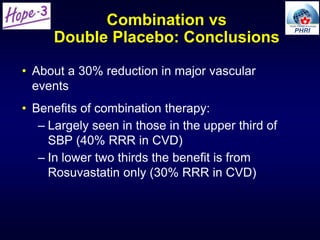 Combination vs
Double Placebo: Conclusions
• About a 30% reduction in major vascular
events
• Benefits of combination therapy:
– Largely seen in those in the upper third of
SBP (40% RRR in CVD)
– In lower two thirds the benefit is from
Rosuvastatin only (30% RRR in CVD)
 