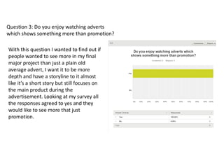 Question 3: Do you enjoy watching adverts
which shows something more than promotion?
With this question I wanted to find out if
people wanted to see more in my final
major project than just a plain old
average advert, I want it to be more
depth and have a storyline to it almost
like it’s a short story but still focuses on
the main product during the
advertisement. Looking at my survey all
the responses agreed to yes and they
would like to see more that just
promotion.
 