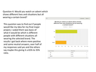 Question 4: Would you watch an advert which
shows different lives and situations but all
wearing a certain brand?
This question was to find out if people
would like my idea for my final major
project, I asked them was basic of
what it would be which is different
people with different situations all
wearing the selected brand. The
results I got back where more positive
and some neutral answers, over half of
my responses said yes and the others
say maybe this giving it a 65% to 35%
ratio.
 