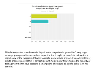This data connotes how the readership of music magazines in general isn’t very large
amongst younger audiences, so later down the line it might be beneficial to invest in a
digital copy of the magazine. If I were to create a new media product, I would most likely
aim to produce content that is compatible with Apple’s new News App as the majority of
teenagers in the UK have access to a smartphone and would be able to easily view my
content.
 