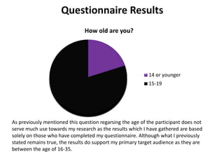 Questionnaire Results
How old are you?
14 or younger
15-19
As previously mentioned this question regarsing the age of the participant does not
serve much use towards my research as the results which I have gathered are based
solely on those who have completed my questionnaire. Although what I previously
stated remains true, the results do support my primary target audience as they are
between the age of 16-35.
 