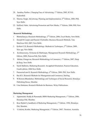 20. Sarathay Parthav, Changing Face of Advertising, 1st Edition, 2005, ICFAI,
Hyderabad.
21. Sharma, Singh, Advertising: Planning and Implementation, 2nd Edition, 2008, PHI,
New Delhi.
22. Stafford, Faber, Advertising Promotion and New Media, 1st Edition, 2006, PHI, New
Delhi.
Research Methodology
1.

Bhattacharyya, Research Methodology, 2nd Edition, 2006, Excel Books, New Delhi.

2.

Donald R Cooper and Pamela S Schindler, Business Research Methods, Tata
MacGraw Hill, 2007, New Delhi.

3.

Kothari C.R, Research Methodology: Methods & Techniques, 2nd Edition, 2009,
New age, New Delhi.

4.

Krishnaswamy, Sivkumar & Mathirajan, Management Research Methodology, 2nd
Edition, 2008, Pearson Pub, New Delhi.

5.

Mohan, Elangovan, Research Methodology in Commerce, 1st Edition, 2007, Deep
& Deep, New Delhi.

6.

Narsh Malhotra, Marketing Research: An applied Orientation, Pearson Education,
Fourth edition, 2004.New Delhi.

7.

Panneerselvam R, Research Methodology, 6th Edition, 2008, PHI, New Delhi.

8.

Rao KV, Research Methods for Management and Commerce, Sterling.

9.

Wilkinson Bhandarkar, Methodology and Techniques of Social Research, Himalaya
Publishing House, Mumbai.

10. Uma Shekaran, Research Methods for Business, Wiley Publications.

Marketing Management
1.

Appannaiah, Reddy & Ramanath, BBM Marketing Management, 1st Edition, 2006,
Himalaya Pub, Mumbai.

2.

Bose Biplab S, handbook of Marketing Management, 1st Edition, 1998, Himalaya
Pub, Mumbai.

3.

Czinkota, Kotabe, Marketing Management, 1st Edition, 2007, Thomson, Australia.
16

 