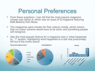 Personal Preferences
 From these questions, I can tell that the most popular magazine
       chosen was option A, which was an issue of Q magazine featuring
       Matt Bellamy from Muse.

 The magazines were chosen for their colours mostly, which means
       that my colour scheme would have to be iconic and something people
       will recognise.

 Also the most popular feature for a magazine was a “what happened
       to…?” section, highlighting what happened to a star that presumably
       fell out of the music scene.
       Why was that magazine chosen?                           Existing Magazines           Features


                                                                                        9
                                                                                        8
       13%                                                      8%                      7
                                                                                        6
                                       Colours                                          5
                                                                                        4
                      37%                                                               3
                                       Images                                       A   2
                                                         25%                            1
25%                                    Listed Articles                              B   0

                                       Layout                                       C
                                                                             67%
                                       Other
      6%
             19%
 