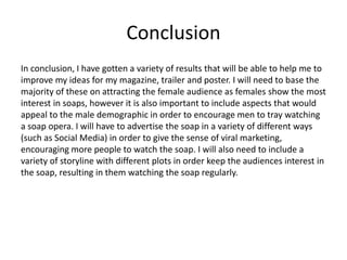 Conclusion
In conclusion, I have gotten a variety of results that will be able to help me to
improve my ideas for my magazine, trailer and poster. I will need to base the
majority of these on attracting the female audience as females show the most
interest in soaps, however it is also important to include aspects that would
appeal to the male demographic in order to encourage men to tray watching
a soap opera. I will have to advertise the soap in a variety of different ways
(such as Social Media) in order to give the sense of viral marketing,
encouraging more people to watch the soap. I will also need to include a
variety of storyline with different plots in order keep the audiences interest in
the soap, resulting in them watching the soap regularly.
 