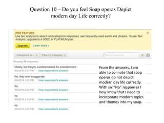 Question 10 – Do you feel Soap operas Depict
modern day Life correctly?
From the answers, I am
able to connote that soap
operas do not depict
modern day life correctly.
With six “No” responses I
now know that I need to
incorporate modern topics
and themes into my soap.
 