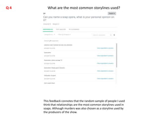This feedback connotes that the random sample of people I used
think that relationships are the most common storylines used in
soaps. Although murders was also chosen as a storyline used by
the producers of the show.
What are the most common storylines used?Q 4
 
