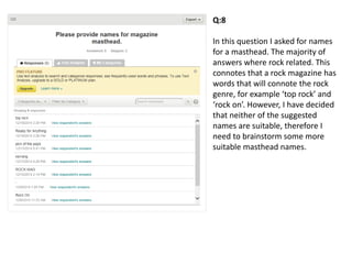 Q:8
In this question I asked for names
for a masthead. The majority of
answers where rock related. This
connotes that a rock magazine has
words that will connote the rock
genre, for example ‘top rock’ and
‘rock on’. However, I have decided
that neither of the suggested
names are suitable, therefore I
need to brainstorm some more
suitable masthead names.
 
