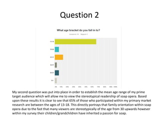 Question 2
My second question was put into place in order to establish the mean age range of my prime
target audience which will allow me to view the stereotypical readership of soap opera. Based
upon these results it is clear to see that 65% of those who participated within my primary market
research are between the ages of 13-18. This directly portrays that family orientation within soap
opera due to the fast that many viewers are stereotypically of the age from 30 upwards however
within my survey their children/grandchildren have inherited a passion for soap.
 