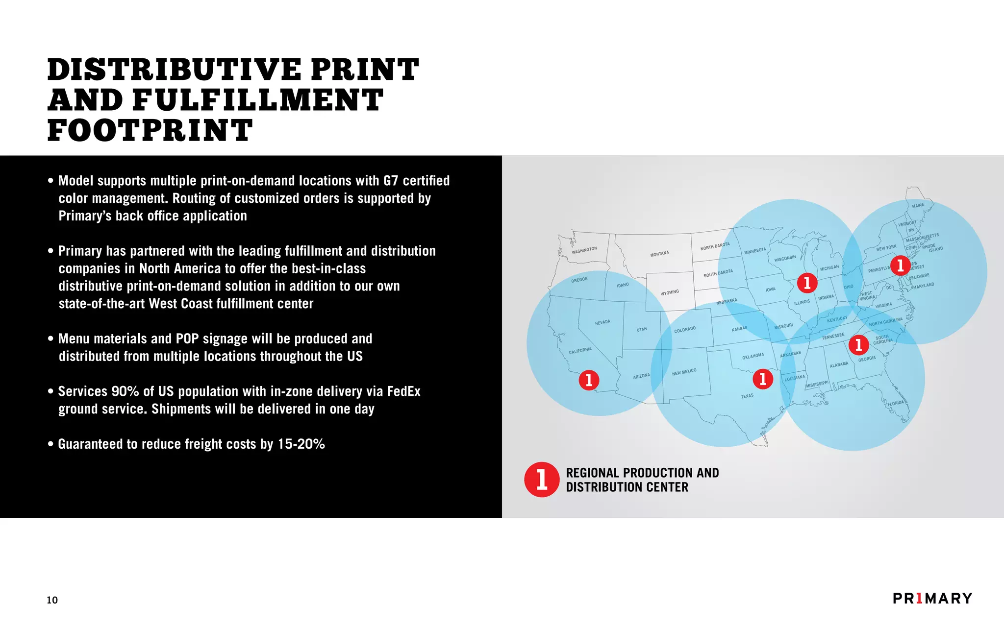 DISTRIBUTIVE PRINT
AND FULFILLMENT
FOOTPRINT
• Model supports multiple print-on-demand locations with G7 certified
  color management. Routing of customized orders is supported by
  Primary’s back office application

• Primary has partnered with the leading fulfillment and distribution
  companies in North America to offer the best-in-class
  distributive print-on-demand solution in addition to our own
  state-of-the-art West Coast fulfillment center

• Menu materials and POP signage will be produced and
  distributed from multiple locations throughout the US

• Services 90% of US population with in-zone delivery via FedEx
  ground service. Shipments will be delivered in one day

• Guaranteed to reduce freight costs by 15-20%

                                                                        REGIONAL PRODUCTION AND
                                                                        DISTRIBUTION CENTER




10
 