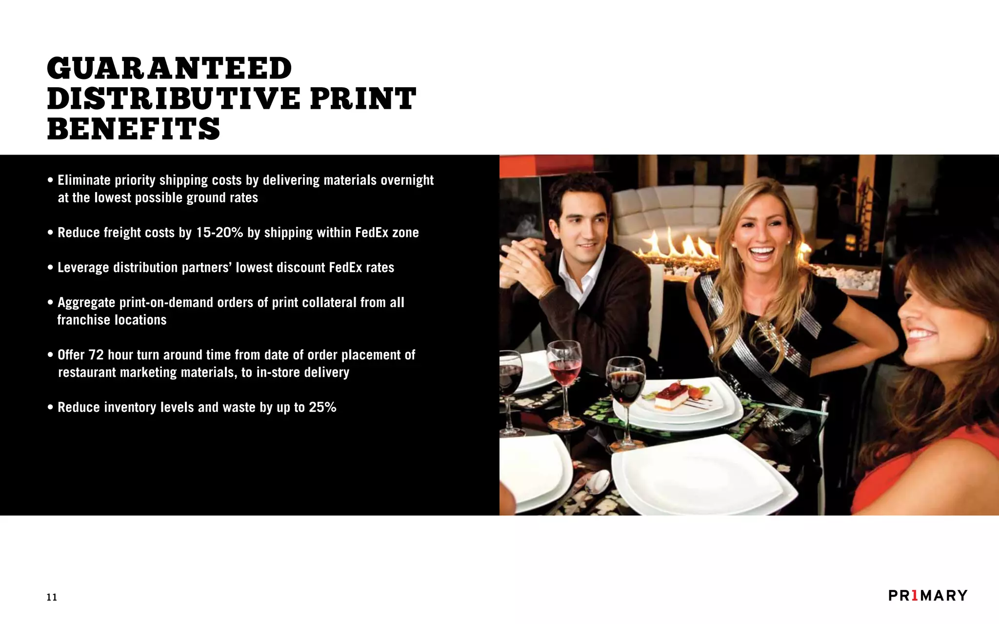 GUARANTEED
DISTRIBUTIVE PRINT
BENEFITS
• Eliminate priority shipping costs by delivering materials overnight
  at the lowest possible ground rates

• Reduce freight costs by 15-20% by shipping within FedEx zone

• Leverage distribution partners’ lowest discount FedEx rates

• Aggregate print-on-demand orders of print collateral from all
  franchise locations

• Offer 72 hour turn around time from date of order placement of
  restaurant marketing materials, to in-store delivery

• Reduce inventory levels and waste by up to 25%




11
 