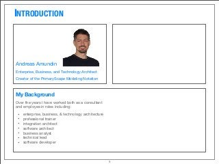 5
INTRODUCTION
Andreas Amundin
Enterprise, Business, and Technology Architect
Creator of the PrimaryScape Modeling Notation
My Background
Over the years I have worked both as a consultant
and employee in roles including:
• enterprise, business, & technology architecture
• professional trainer
• integration architect
• software architect
• business analyst
• technical lead
• software developer
 