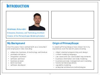 5
INTRODUCTION
Origin of PrimaryScape
In creating PrimaryScape I have drawn from my
experience over the last 20 years covering:
• object oriented programming and design
• uniﬁed modeling language
• use cases and use case based requirements
• business information and data modeling
• business process management and modeling
• functional decompositions
• capability modeling
• enterprise architecture methodologies
Andreas Amundin
Enterprise, Business, and Technology Architect
Creator of the PrimaryScape Modeling Notation
My Background
Over the years I have worked both as a consultant
and employee in roles including:
• enterprise, business, & technology architecture
• professional trainer
• integration architect
• software architect
• business analyst
• technical lead
• software developer
 