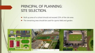 PRINCIPAL OF PLANNING:
SITE SELECTION.
 Built up area of a school should not exceed 25% of the site area.
 The remaining area should be used for sports field and garden.
 