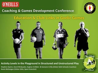 Activity Levels in the Playground in Structured and Unstructured Play
Stephen Quinn, Karol McQuade, Eoghan Gribbin & Eamonn Crilly (Ulster GAA Schools Coaches)
Kevin McGuigan (Ulster GAA, Sport Scientist)
 