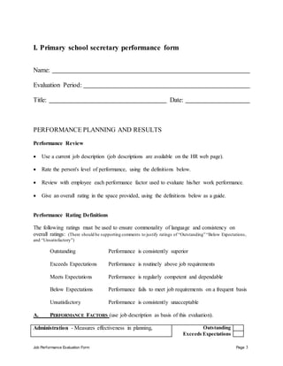 Job Performance Evaluation Form Page 3
I. Primary school secretary performance form
Name:
Evaluation Period:
Title: Date:
PERFORMANCE PLANNING AND RESULTS
Performance Review
 Use a current job description (job descriptions are available on the HR web page).
 Rate the person's level of performance, using the definitions below.
 Review with employee each performance factor used to evaluate his/her work performance.
 Give an overall rating in the space provided, using the definitions below as a guide.
Performance Rating Definitions
The following ratings must be used to ensure commonality of language and consistency on
overall ratings: (There should be supporting comments to justify ratings of “Outstanding” “Below Expectations,
and “Unsatisfactory”)
Outstanding Performance is consistently superior
Exceeds Expectations Performance is routinely above job requirements
Meets Expectations Performance is regularly competent and dependable
Below Expectations Performance fails to meet job requirements on a frequent basis
Unsatisfactory Performance is consistently unacceptable
A. PERFORMANCE FACTORS (use job description as basis of this evaluation).
Administration - Measures effectiveness in planning, Outstanding
Exceeds Expectations
 