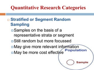 Quantitative Research Categories


Stratified or Segment Random
Sampling
 Samples on the basis of a
representative strata or segment
 Still random but more focussed
 May give more relevant information
 May be more cost effective

 