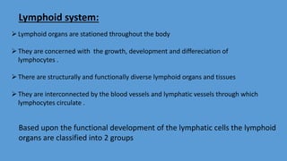 Lymphoid system:
Lymphoid organs are stationed throughout the body
They are concerned with the growth, development and differeciation of
lymphocytes .
There are structurally and functionally diverse lymphoid organs and tissues
They are interconnected by the blood vessels and lymphatic vessels through which
lymphocytes circulate .
Based upon the functional development of the lymphatic cells the lymphoid
organs are classified into 2 groups
 