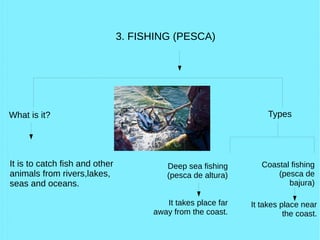 3. FISHING (PESCA)
What is it? Types
It is to catch fish and other
animals from rivers,lakes,
seas and oceans.
Deep sea fishing
(pesca de altura)
Coastal fishing
(pesca de
bajura)
It takes place far
away from the coast.
It takes place near
the coast.