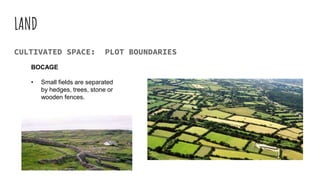 LAND
CULTIVATED SPACE: PLOT BOUNDARIES
BOCAGE
• Small fields are separated
by hedges, trees, stone or
wooden fences.
 