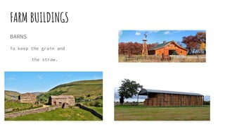 FARM BUILDINGS
BARNS
To keep the grain and
the straw.
 