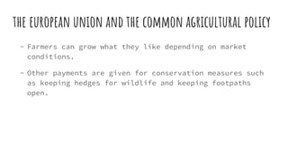 the european union and the common agricultural policy
- Farmers can grow what they like depending on market
conditions.
- Other payments are given for conservation measures such
as keeping hedges for wildlife and keeping footpaths
open.
 