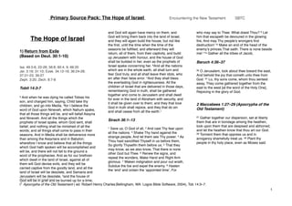 Primary Source Pack: The Hope of Israel Encountering the New Testament SBTC 
The Hope of Israel 
1) Return from Exile 
(Based on Deut. 30:1-10) 
Isa. 49.5-6, 22-26; 56:8; 60:4, 9; 66:20 
Jer. 3:18; 31:10; Ezek. 34.12-16; 36:24-28; 
37:21-23; 39:27 
Zeph. 3:20; Zech. 8:7-8 
Tobit 14:3-7 
3 And when he was dying he called Tobias his 
son, and charged him, saying, Child take thy 
children; and go into Media, 4for I believe the 
word of God upon Nineveh, which Nahum spake, 
that all those things will be, and will befall Assyria 
and Nineveh. And all the things which the 
prophets of Israel spake, whom God sent, shall 
befall; and nothing shall be minished of all the 
words; and all things shall come to pass in their 
seasons. And in Media shall be deliverance more 
than among the Assyrians and in Babylon; 
wherefore I know and believe that all the things 
which God hath spoken will be accomplished and 
will be, and there will not fall to the ground a 
word of the prophecies. And as for our brethren 
which dwell in the land of Israel, against all of 
them will God devise evils, and they will be 
carried captive from the goodly land, and all the 
land of Israel will be desolate, and Samaria and 
Jerusalem will be desolate, 5and the house of 
God will be in grief and be burned up for a time; 
and God will again have mercy on them, and 
God will bring them back into the land of Israel, 
and they will again build the house, but not like 
the first, until the time when the time of the 
seasons be fulfilled; and afterward they will 
return, all of them, from their captivity, and build 
up Jerusalem with honour, and the house of God 
shall be builded in her, even as the prophets of 
Israel spake concerning her. 6And all the nations 
which are in the whole earth, all shall turn and 
fear God truly, and all shall leave their idols, who 
err after their false error. 7And they shall bless 
the everlasting God in righteousness. All the 
children of Israel that are delivered in those days, 
remembering God in truth, shall be gathered 
together and come to Jerusalem and shall dwell 
for ever in the land of Abraham with security, and 
it shall be given over to them; and they that love 
God in truth shall rejoice, and they that do sin 
and shall cease from all the earth.1 
Sirach 36:1–13 
1 Save us, O God of all, 2 And cast Thy fear upon 
all the nations. 3 Shake Thy hand against the 
strange people, And let them see Thy power. 4 As 
Thou hast sanctified Thyself in us before them, 
So glorify Thyselfin them before us; 5 That they 
may know, as we also know, That there is none 
other God but Thee. 6 Renew the signs, and 
repeat the wonders, Make Hand and Right Arm 
glorious. 7 Waken indignation and pour out wrath, 
Subdue the foe and expel the enemy. 8 Hasten 
the ‘end’ and ordain the ‘appointed time’, For 
who may say to Thee: What doest Thou? 9 Let 
him that escapeth be devoured in the glowing 
fire, And may Thy people’s wrongers find 
destruction! 10 Make an end of the head of the 
enemy’s princes That saith: There is none beside 
me! 11a Gather all the tribes of Jacob, 
Baruch 4:36–37 
36 O Jerusalem, look about thee toward the east, 
And behold the joy that cometh unto thee from 
God. 37 Lo, thy sons come, whom thou sentest 
away, They come gathered together from the 
east to the west [at the word of the Holy One], 
Rejoicing in the glory of God. 
2 Maccabees 1:27–29 (Apocrypha of the 
Old Testament) 
27 Gather together our dispersion, set at liberty 
them that are in bondage among the heathen, 
look upon them that are despised and abhorred, 
and let the heathen know that thou art our God. 
28 Torment them that oppress us and in 
arrogancy shamefully treat us. 29 Plant thy 
people in thy holy place, even as Moses said. 
i Apocrypha of the Old Testament ( ed. Robert Henry Charles;Bellingham, WA: Logos Bible Software, 1 2004), Tob 14:3–7. 
!1 
 