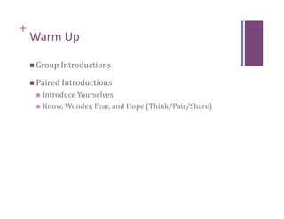 +
    Warm Up 

      Group Introductions 

      Paired Introductions 
       Introduce Yourselves 
       Know, Wonder, Fear, and Hope (Think/Pair/Share) 
 