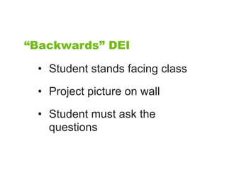“Backwards” DEI

 • Student stands facing class

 • Project picture on wall

 • Student must ask the
   questions
 