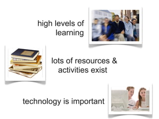 high levels of
         learning


        lots of resources &
          activities exist


technology is important
 
