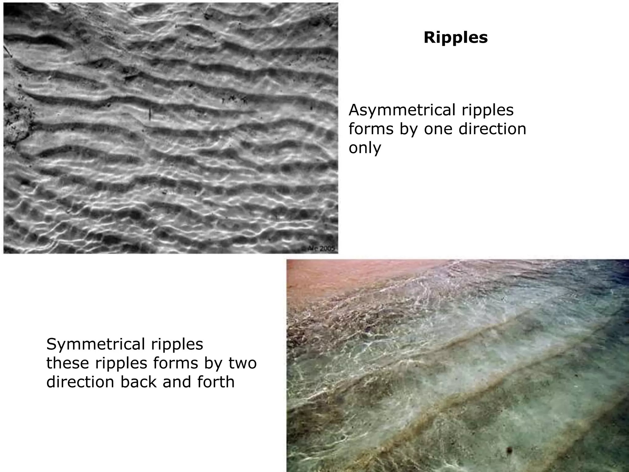 Asymmetrical ripples
forms by one direction
only
Symmetrical ripples
these ripples forms by two
direction back and forth
Ripples
 