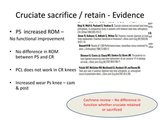 Cruciate sacrifice / retain - Evidence
• PS increased ROM –
No functional improvement
• No difference in ROM
between PS and CR
• PCL does not work in CR knees
• Increased wear Ps knee – cam
& post
Cochrane review – No difference in
function whether cruciate retained
or sacrificed
 