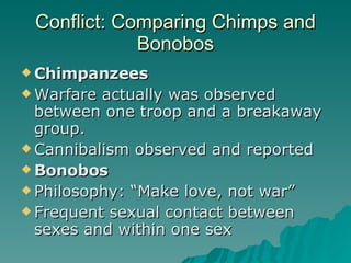 Conflict: Comparing Chimps and Bonobos Chimpanzees Warfare actually was observed between one troop and a breakaway group.  Cannibalism observed and reported Bonobos Philosophy: “Make love, not war” Frequent sexual contact between sexes and within one sex 