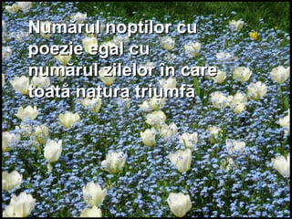 Numărul noptilor cuNumărul noptilor cu
poezie egal cupoezie egal cu
numărul zilelor în carenumărul zilelor în care
toată natura triumfătoată natura triumfă
 