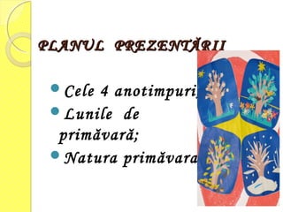 PLANUL PREZENTĂRIIPLANUL PREZENTĂRII
Cele 4 anotimpuri;
Lunile de
primăvară;
Natura primăvara;
 