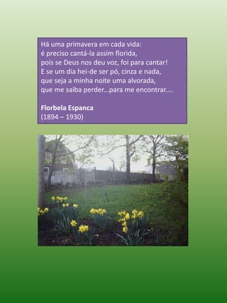 Há uma primavera em cada vida:é preciso cantá-la assim florida,pois se Deus nos deu voz, foi para cantar!E se um dia hei-de ser pó, cinza e nada,que seja a minha noite uma alvorada,que me saiba perder...para me encontrar....Florbela Espanca (1894 – 1930)