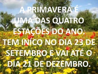 A PRIMAVERA É UMA DAS QUATRO ESTAÇÕES DO ANO.TEM INÍCO NO DIA 23 DE SETEMBRO E VAI ATÉ O DIA 21 DE DEZEMBRO.