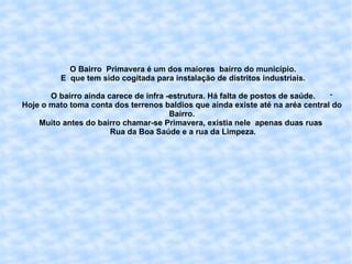 O Bairro  Primavera é um dos maiores  bairro do município.  E  que tem sido cogitada para instalação de distritos industriais. O bairro ainda carece de infra -estrutura. Há falta de postos de saúde. Hoje o mato toma conta dos terrenos baldios que ainda existe até na aréa central do  Bairro.  Muito antes do bairro chamar-se Primavera, existia nele  apenas duas ruas  Rua da Boa Saúde e a rua da Limpeza. - 