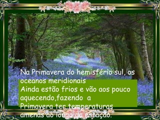 Na Primavera do hemisfério sul, os
oceanos meridionais
Ainda estão frios e vão aos pouco
aquecendo,fazendo a
Primavera ter temperaturas
amenas ao longo da estação.
 