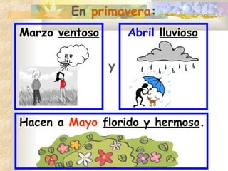 En primavera:
Marzo ventoso Abril lluvioso
Hacen a Mayo florido y hermoso.
y
 