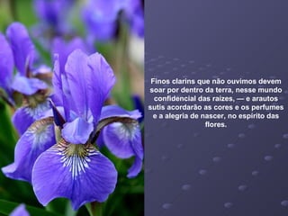 Finos clarins que não ouvimos devem soar por dentro da terra, nesse mundo confidencial das raízes, — e arautos sutis acordarão as cores e os perfumes e a alegria de nascer, no espírito das flores. 