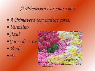 A Primavera e as suas cores A Primavera tem muitas cores. Vermelho Azul Cor – de – rosa Verde etc. A Primavera 