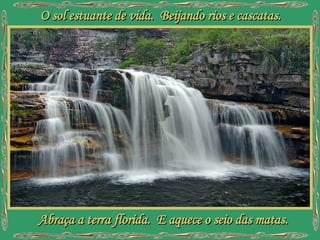 O sol estuante de vida. Beijando rios e cascatas. Abraça a terra florida. E aquece o seio das matas.