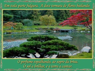 Em toda parte fulgura. A doce ternura de flores bailando. O perfume espalhando, ao sopro da brisa. O sol a brilhar, e a terra a cantar.